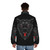 Black wolf puffer jacket with fierce red eyes and animal graphic design - men back