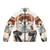Watercolor illustration of a red fox drinking coffee on a puffer jacket