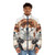 Watercolor illustration of a red fox drinking coffee on a puffer jacket - men front