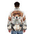 Watercolor illustration of a red fox drinking coffee on a puffer jacket - men back