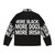 A puffer jacket featuring a drumline design and the text "More Drums Please" - Back