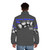 A puffer jacket featuring a drumline design and the text "More Drums Please" - men back