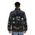 Batman Gotham City Puffer Jacket with city skyline and superhero silhouette - men back