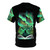 A T-shirt featuring a black and white deer silhouette against a golden background with a winter forest scene. - Back