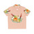Colorful Hawaiian shirt featuring a green cheek conure bird and fluffy pancakes