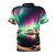 Model wearing a t-shirt featuring a vibrant northern lights aurora borealis landscape scene.