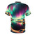 Model wearing a t-shirt featuring a vibrant northern lights aurora borealis landscape scene. - Back