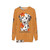 Dalmatian dog wearing a pumpkin spice themed sweatshirt - hanging