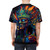 Vibrant, colorful psychedelic trippy t-shirt design featuring abstract dmt elf imagery - men back