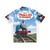 A colorful hawaiian shirt featuring the iconic Thomas the Tank Engine character