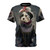 Cartoon illustration of a dog princess wearing a crown on a custom all-over print t-shirt.