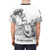 Vintage-style black and white monster illustration t-shirt with a funny scrumping theme - men back