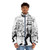 Tekkonkinkreet inspired puffer jacket with cat, rat, dog, and city graphics - men front