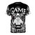 A white t-shirt with a custom game master themed graphic design.
