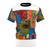 Colorful abstract t-shirt design featuring geometric shapes and spheres in green and blue