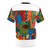 Colorful abstract t-shirt design featuring geometric shapes and spheres in green and blue - Back