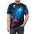 Graphic t-shirt design featuring colliding galaxies in deep space - men front