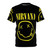 Retro-styled graphic t-shirt featuring a Nirvana-inspired yellow smiley face design