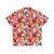 Tropical Hawaiian shirt with colorful print featuring a cute parrotlet and sushi elements