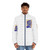 Team Coco Blue Orange Puffer Jacket with Conan Obrien's portrait and line art design - men front