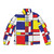 Mondrian-inspired abstract puffer jacket with colorful geometric design