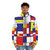 Mondrian-inspired abstract puffer jacket with colorful geometric design - men front