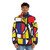 Mondrian Bicycle Art Puffer Jacket featuring a colorful Mondrian-inspired bicycle illustration - men front