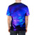 Model wearing a vibrant glowstick party-themed all-over-print t-shirt with neon lights and swirling glow effects - men back