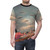 Colorful, surreal digital collage design featuring retro sci-fi elements on a t-shirt - men front