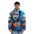 Mona Lisa inspired puffer jacket featuring street art and classic art elements - men front