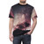 Surreal night sky graphic with stars, galaxy, and silhouettes on a black t-shirt - men front