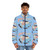 Colorful puffer jacket with mom jeans band and puppy love design - men front