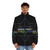 A black puffer jacket featuring the Tally Hall Miracle Musical Hawaii Part II artwork - men front