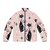 Retro atomic cat puffer jacket in warm pink with black cats and starbursts