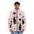 Retro atomic cat puffer jacket in warm pink with black cats and starbursts - men front