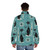 Mid century modern puffer jacket with atomic cat and starburst design - men back