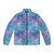 Iridescent puffer jacket with a seamless mermaid scale glitter pattern