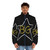 A men's puffer jacket featuring a classic rock band logo design - men front