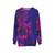 Blacklight poured acrylic sweatshirt with vibrant, energetic abstract pattern - hanging
