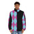 Harlequin puffer jacket with Masque of the Laughing God design - men front