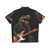 Dinosaur playing guitar graphic on a colorful Hawaiian-style shirt - Back