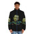 Puffer jacket with an image of Mark Zuckerberg as a lizard person - men front