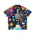 Space-themed Hawaiian shirt with infographic design of the universe, big bang, planets, and celestial elements