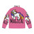 A woman wearing a vibrant, magical unicorn-themed puffer jacket - Back