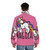 A woman wearing a vibrant, magical unicorn-themed puffer jacket - men back