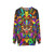 Aztec warrior mask sweatshirt with vibrant rainbow colors - hanging