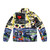 Puffer jacket with vibrant conceptual artwork depicting dogs of war in reggae style