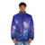 Luminescent puffer jacket featuring a fairy dragon design in blue and purple hues with fantasy elements like celtic knots and standing stones. - men front