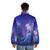 Luminescent puffer jacket featuring a fairy dragon design in blue and purple hues with fantasy elements like celtic knots and standing stones. - men back