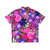 blue hawaiian shirt with colorful floral and fruit pattern